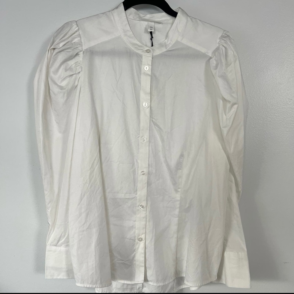 Prologue Women's White Puff Long Sleeve Button Down Blouse